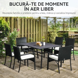Set de Grădină 7 Piese din Ratan cu Masă și 6 Scaune Negru și Bej - Img 4