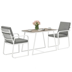 Set de Gradina cu Masa si Scaune cu Perne Detasabile, Blat din Sticla si Cadru din Otel, 108x60x72 cm, Alb - Img 1