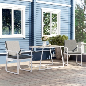 Set de Gradina cu Masa si Scaune cu Perne Detasabile, Blat din Sticla si Cadru din Otel, 108x60x72 cm, Alb - Img 9