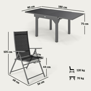 Set de Grădină din 7 Piese cu Masă Extensibilă și 6 Scaune Pliabile cu Brațe, 90/180x90x75 cm, Gri și Negru - Img 3