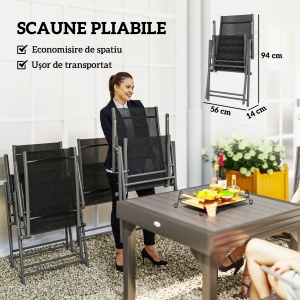 Set de Grădină din 7 Piese cu Masă Extensibilă și 6 Scaune Pliabile cu Brațe, 90/180x90x75 cm, Gri și Negru - Img 6