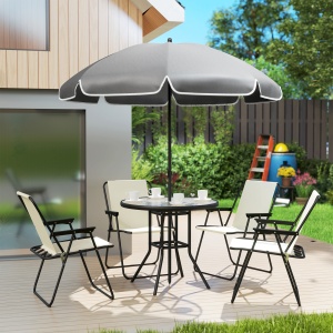 Set de Mobilier de Grădină din 6 Piese cu Umbrelă de Soare, Masă și Scaune Pliante, Ф80x70 cm, Alb Crem - Img 9