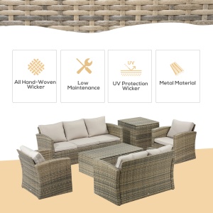 Set de mobilier de gradina din ratan de 6 piese, canapea si 2 fotolii tapitate pentru 7 persoane, bej - Img 3