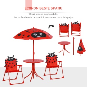 Set masă de grădină cu 2 scaune pliabile, masă și scaune pentru copii în aer liber cu umbrelă din metal și poliester, roșu - Img 4