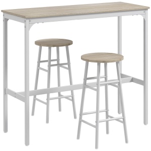 Set masă înaltă de bar + 2 scaune cu structură din oțel și blat cu aspect de lemn natural, pentru 2 persoane, alb