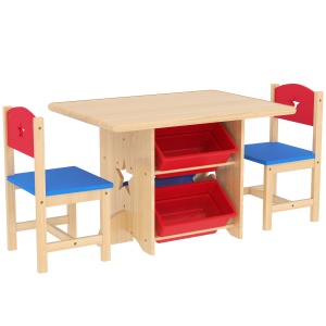 Set Masă și Scaune pentru Copii 3-7 Ani, cu 2 Scaune și 4 Compartimente de Depozitare, 77x57x50 cm, Lemn Natural - Img 1