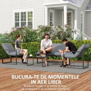 Set Mobilier de Exterior cu Măsuță din Sticlă, Canapea, 2 Fotolii și Perne, Gri - Img 7