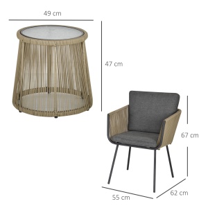 Set mobilier de Grădină cu 2 Scaune și Măsuță de Cafea cu Blat din Sticlă, Ø49x47 cm, Maro - Img 3