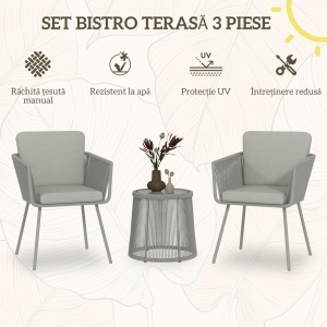Set Mobilier de Grădina cu 2 Scaune și Măsuță de Cafea cu Blat din Sticlă, Ø49x47 cm, Gri - Img 4