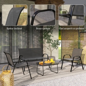 Set Mobilier de Grădină din 4 Piese cu Canapea, 2 Scaune Stivuibile și Măsuță de Cafea, 113x66x79 cm, Negru - Img 8