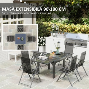 Set Mobilier de Grădină din 7 Piese cu Masă Extensibilă și 6 Scaune Pliabile cu Cotiere, 180/90x90x75 cm, Gri - Img 4