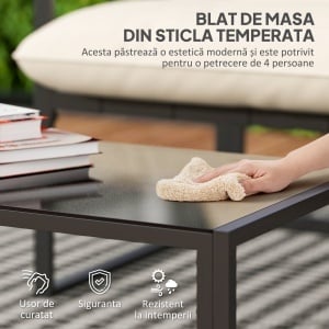 Set Mobilier Exterior 4 Piese, Set Relaxare cu Măsuță din Sticlă, Canapea, 2 Fotolii și Perne, Bej - Img 5