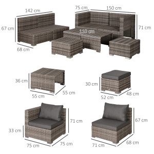 Set Mobilier Gradina 8 Piese, Canapea cu Masuta de Cafea din Ratan PE si Structura de Aluminiu, 75x75x71 cm, Gri - Img 3