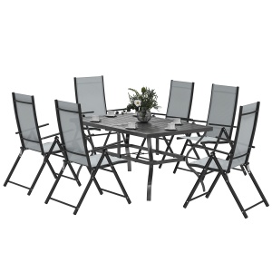 Set pentru Grădină din 7 Piese, cu 6 Scaune Pliabile și Masă cu Orificiu pentru Umbrelă, 150x90x71 cm, Gri - Img 1