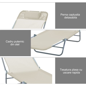 sezlong pliabil si reglabil, 182x56x28cm, crem - Img 5