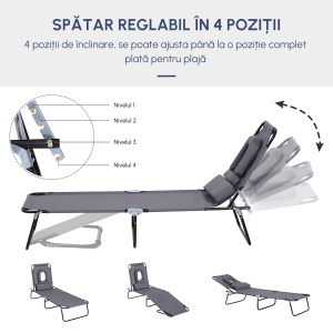Sezlong Relax Pliabil pentru plaja cu pernuta și deschidere pentru față în tesătură Oxford, Gri - Img 6