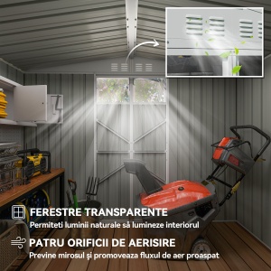 Șopron de Grădină cu 4 Guri de Ventilație, 2 Ferestre și Acoperiș Înclinat, 246x117x161/180 cm, Gri Închis - Img 4