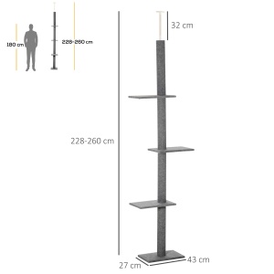 Stâlp de Zgâriat pentru Pisici pe 4 Niveluri și Fixare pe Tavan Reglabil, 43x27x228-260 cm, Gri - Img 3