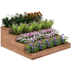 Strat Înălțat de Grădină cu 4 Niveluri, Jardinieră de Balcon cu Bază Deschisă și Căptușeală, 113x113x46 cm, Maro - Img 1