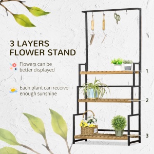Suport de flori cu 3 niveluri cu carlige din lemn de brad si metal pentru interior si exterior, 80x36x174 cm, culoare negru si lemn - Img 4