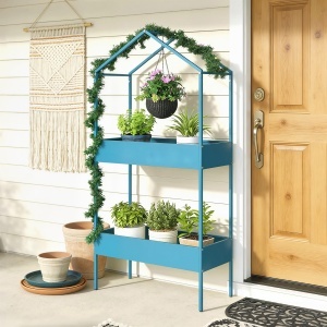 Suport Ghivece pe 2 Niveluri din Metal în Formă de Casă, Raft pentru Plante cu Cârlig pentru Interior și Exterior, 75x35x150 cm, Verde Albastru - Img 9