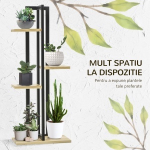 Suport pentru Plante cu 4 Etaje din Lemn de Brad și Metal, 45x25x110 cm, Negru - Img 4