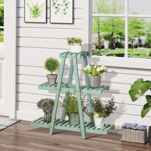 Suport pentru plante din lemn de brad cu 3 niveluri pentru interior si exterior, 76x26x76cm, verde deschis - Img 2