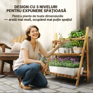 Suport pentru Plante Pliabil, Jardinieră cu 3 Niveluri, Raft de Exterior pentru Plante, 80x37x93 cm, Lemn Natural - Img 4