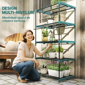 Suport pentru Plante Vertical cu 5 Niveluri din Oțel și Plastic, Suport Ghivece pentru Interior și Exterior Grădină Balcon, 67x49x138 cm, Verde Închis - Img 4