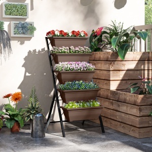 Suport pentru Plante Vertical cu 5 Niveluri și 5 Ghivece cu Găuri de Drenaj, Suport din Oțel și Plastic, 55x63x120 cm, Maro - Img 2