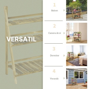 Suport Pliabil pentru Plante din Lemn de Brad cu 3 Nivele, 100x37x93 cm, Lemn Natural - Img 7