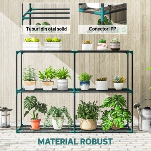 Suport Vertical pentru Plante cu 3 Niveluri din Oțel și Plastic, Suport Ghivece pentru Interior și Exterior, Grădină, Balcon, 143x48x100 cm, Verde Închis - Img 6