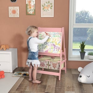 Tablă de Scris 3 În-1 pentru Copii 3-8 Ani din Lemn, 54x46,5x93 cm, Roz - Img 2