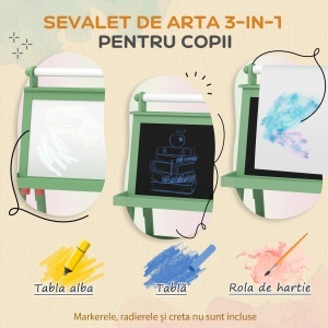 Tablă pentru Copii cu Șevalet 3 în 1, Sul de Hârtie și 2 Containere, din Lemn, 59x48x118 cm, Verde - Img 4