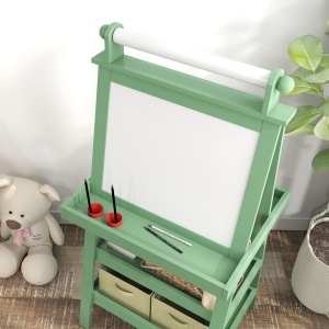 Tablă pentru Copii cu Șevalet 3 în 1, Sul de Hârtie și 2 Containere, din Lemn, 59x48x118 cm, Verde - Img 8