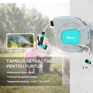 Tabur pentru Furtun Retractabil cu Furtun de Apă 30+2 m, Rotativ la 180°, 50x23x45 cm, Verde - Img 4