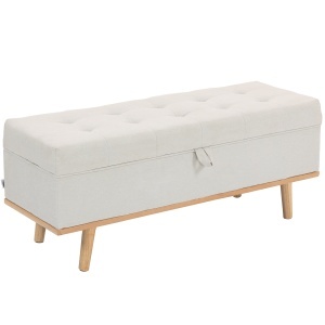 Taburet depozitare 80L, material textil, picioare lemn, 118x42x45 cm, crem