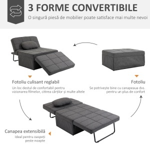 Taburet Pat Individual 3 în 1 cu Spătar Reglabil pe 5 Nivele și Pernă Suplimentară, 95x179x78 cm, Gri - Img 4
