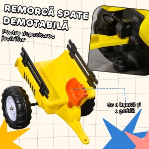 Tractor de Pedalat pentru Copii de 3+ Ani cu Remorcă, Greblă, Lopată și Claxon, 133x42x51 cm, Galben - Img 5