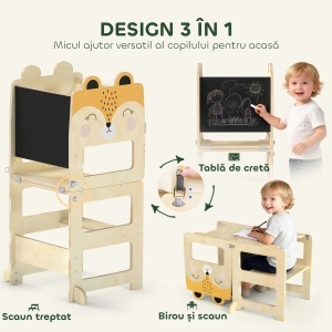 Turn Montessori pentru Copii 2-5 Ani cu Tablă și Măsuță, Scăunel pentru Copii din Placaj, 57x39x93 cm, Culoare Lemn - Img 4