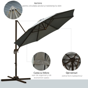 Umbrel de Gradină cu Manivelă cu Înclinare Reglabilă, Umbrelă cu Braț și Stinghii, Ø2.95x2.5 m, Gri - Img 4