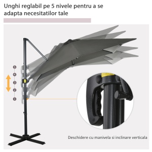 Umbrelă de Grădină cu Manivelă de Mână cu Unghi Reglabil pe 5 Niveluri și Rotație la 360°, 245x245x245 cm, Gri - Img 5