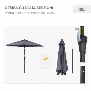 Umbrela de Gradina cu Manivela, din Aluminiu si Poliester Gri si Negru, Φ2,6x2,35m - Img 7