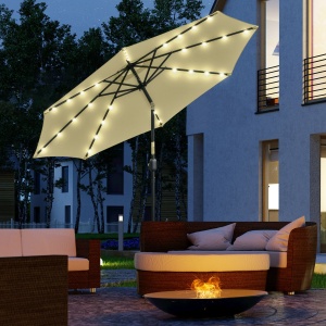 Umbrelă de Grădină Inclinabilă Ø265 cm cu 32 Lumini LED Solare și Manivelă, Umbrelă de Exterior cu 8 Spițe, din Oțel, Poliester, pentru Terasă, Curte, Balcon, Bej - Img 2