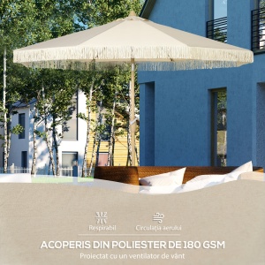 Umbrelă de Grădină Înclinabilă pe 3 Niveluri cu Franjuri, Manivelă și Tijă cu 2 Secțiuni, Ø265x244 cm, Crem - Img 6