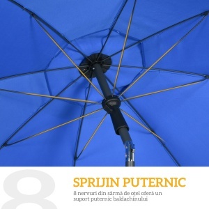 Umbrelă de Plajă 1.8x2 m cu Inclinație la 45° și 8 Stecche, Poliester și Oțel, Albastru - Img 6