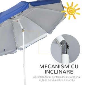 Umbrelă de Plajă cu Acoperiș Înclinabil la 45°, Ferestre și 2 Buzunare, Ø191x211 cm, Albastru - Img 4