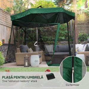 Umbrelă de Soare cu Plasă de Țânțari, Umbrelă de Soare cu Deschidere Manivelă și Bază Transversală, 295x295x240 cm, Verde - Img 5