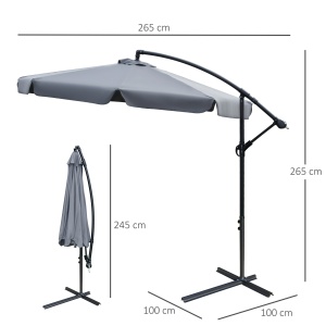 Umbrela de Soare pentru Gradina cu Brat Parasolar din Metal, Baldachin din Poliester Reglabil si Deschidere cu Manivela, Φ265x265cm, Gri - Img 3