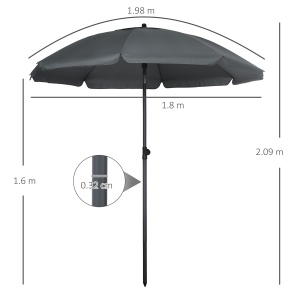 Umbrela de soare pentru plaja din Poliester si Otel cu 8 Nervuri, cu Tetiera care se Inclina la 45° si Design in 2 Sectiuni, Ø180x209 cm, Gri - Img 3
